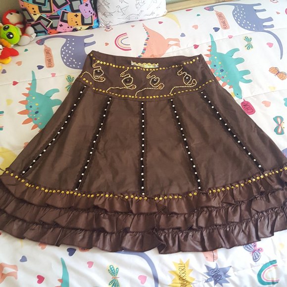 brown y2k boho bling ruffled a-line skirt - Picture 1 of 6
